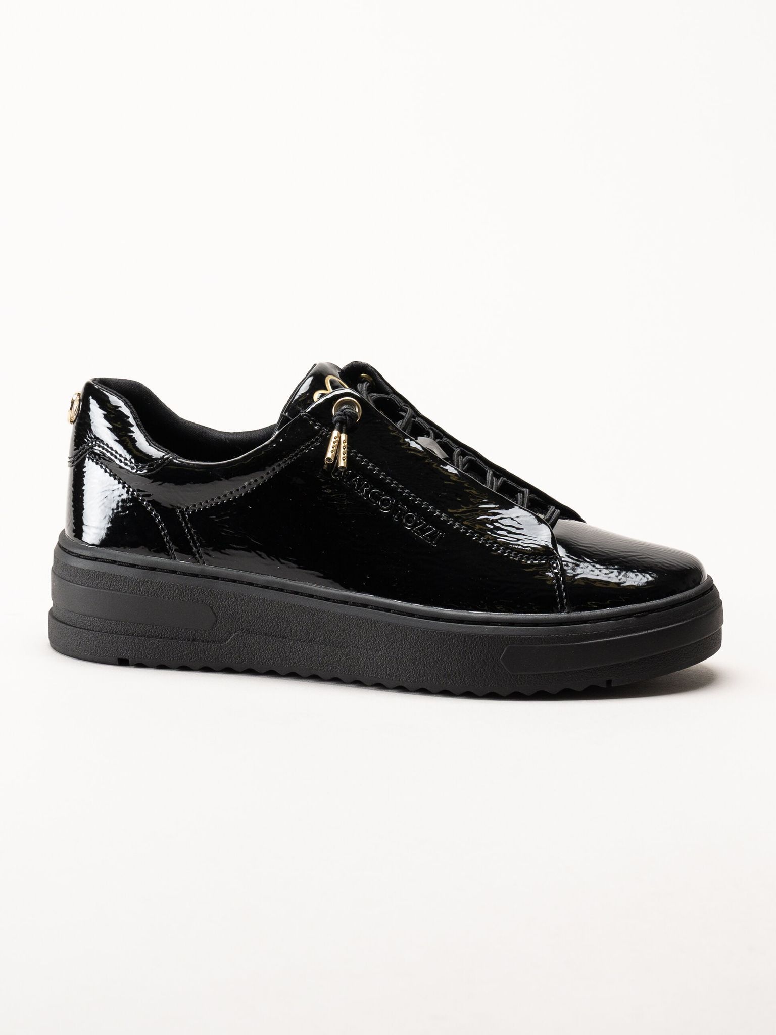 Marco Tozzi - Svarta sneakers i syntetlack med gulddetaljer