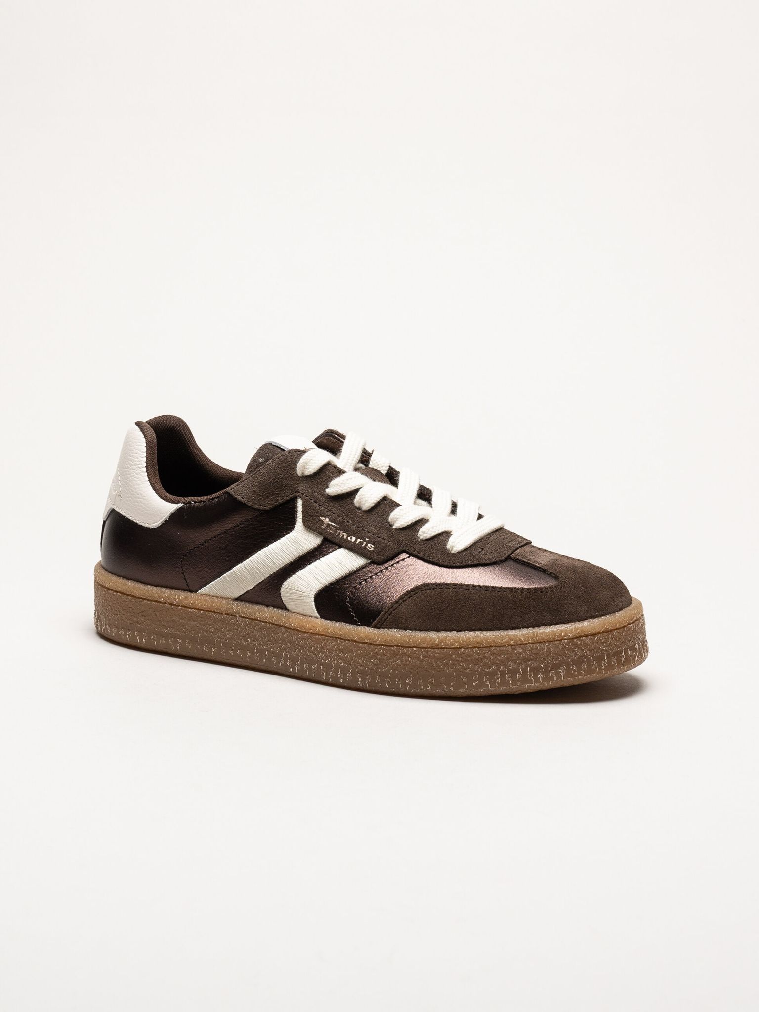 Tamaris - Mörkbruna sneakers i skinn och mocka