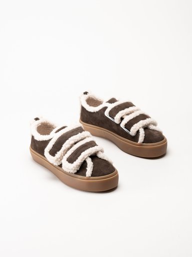 Inuikii - Shearling Low Velcro - Mörkbruna ullfodrade sneakers i mocka
